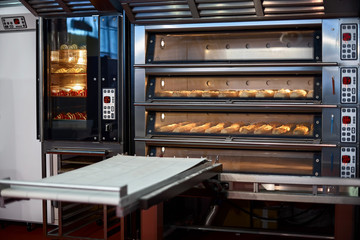 Industrial convection oven with cooked bakery products for catering. Professional kitchen equipment