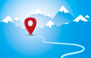 Red navigation marker on road in the mountains illustration. Planning a route in the mountains.