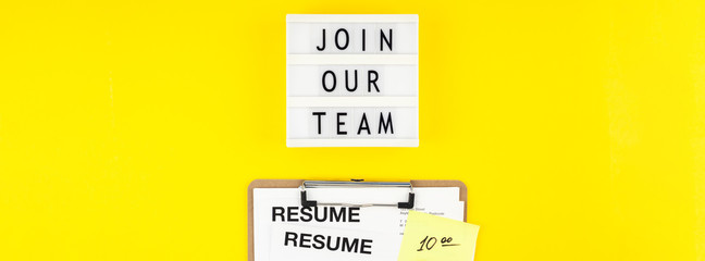 Join our team flat lay on yellow background
