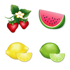 Strawberry, Watermelon, Lemon, Lime isolated on white background, fresh summer fruits. 