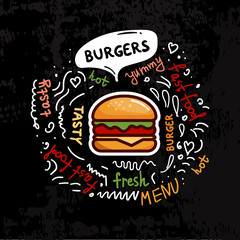 Tasty burgers, fast food poster. Vector color flat illustration for poster, label and menu cafe fast food.