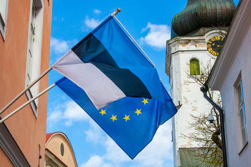 European Parliament Election, 2019, flag of Europe and Estonia waving together
