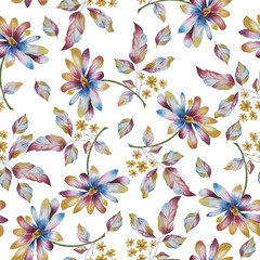 Watercolor seamless pattern with chamomile flowers and colorful leaves, in warm colors, on a white background. Wedding invitations, greeting cards, prints, textile design and so on.