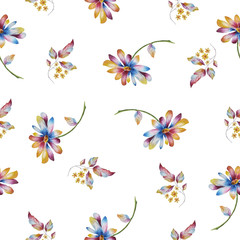  Watercolor seamless pattern with chamomile flowers and colorful leaves, on a white background. Wedding invitations, greeting cards, prints, textile design and so on.