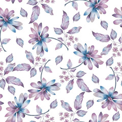 Watercolor seamless pattern with chamomile flowers and leaves, in blue and lilac shades, on a white background. Wedding invitations, greeting cards, prints, textile design and so on.