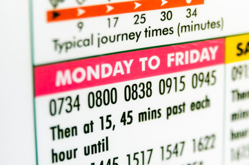 Closeup of a bus timetable showing regular 30-minute service Monday to Friday