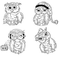 A set of cute cartoon owls: in shock, girl with a bow, with a player and sleepy in a night cap. Hand drawn illustration for t-shirt print, book, greeting card. Owls are made in black and white color.