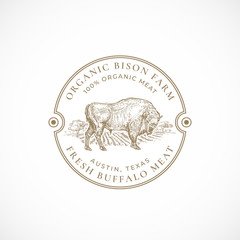 Organic Bison Farm Framed Retro Badge or Logo Template. Hand Drawn Buffalo Bull and Farm Landscape Sketch with Retro Typography. Vintage Sketch Emblem.