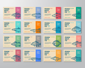 Sixteen Premium Quality Fish Labels Set. Abstract Vector Packaging Design or Label. Modern Typography and Hand Drawn Fish Sketch Silhouettes Background Layouts with Soft Shadows.