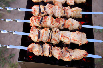 Skewers on skewers on the grill. Grilled meat on the coals. Marinated meat.