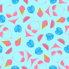 Swimsuit, watermelon, ice-cream, swimwear, monstera. Summer seamless pattern. Used for design surfaces, fabrics, textiles, packaging paper, wallpaper