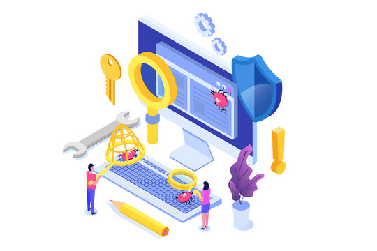 Software or application testing  isometric vector concept.  Debugging development process. Vector illustration.