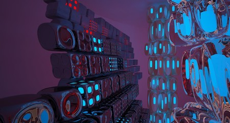 Abstract  Concrete and Glass Futuristic Sci-Fi interior With Blue And Red Glowing Neon Tubes . 3D illustration and rendering.