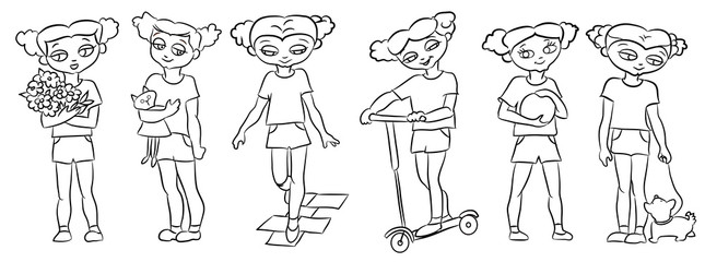 Monochrome set of cartoon character baby girls.