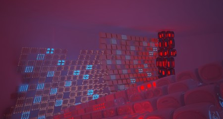 Abstract  Concrete and Glass Futuristic Sci-Fi interior With Blue And Red Glowing Neon Tubes . 3D illustration and rendering.