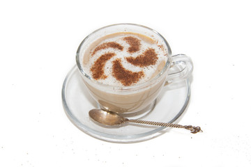 Cappuccino coffee with pattern of cinnamon isolated on white background. Coffee with milk. . Coffee beans