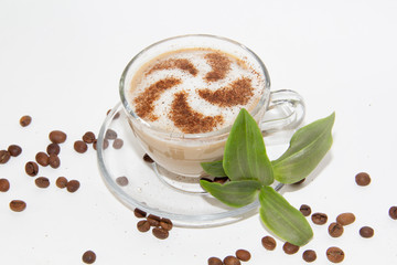 Cappuccino coffee with pattern of cinnamon isolated on white background. Coffee with milk. . Coffee beans