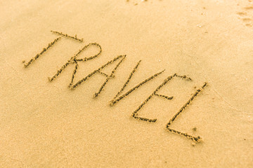 Signs on sand beach written by hand, inspire to travel to exotic islands and relax. Words Ocean, fun, happy and smile on yellow beach. Family tour travel time in summer resort. Enjoy your holidays