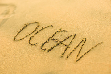 Signs on sand beach written by hand, inspire to travel to exotic islands and relax. Words Ocean, fun, happy and smile on yellow beach. Family tour travel time in summer resort. Enjoy your holidays