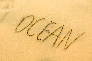 Signs on sand beach written by hand, inspire to travel to exotic islands and relax. Words Ocean, fun, happy and smile on yellow beach. Family tour travel time in summer resort. Enjoy your holidays