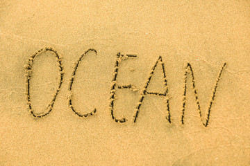 Signs on sand beach written by hand, inspire to travel to exotic islands and relax. Words Ocean, fun, happy and smile on yellow beach. Family tour travel time in summer resort. Enjoy your holidays