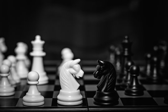 Chess knights head to head. Black and white image.