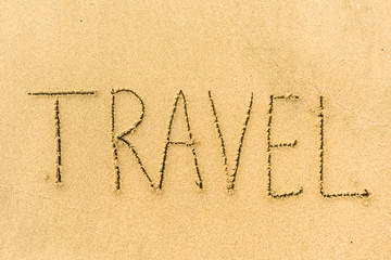 Signs on sand beach written by hand, inspire to travel to exotic islands and relax. Words Ocean, fun, happy and smile on yellow beach. Family tour travel time in summer resort. Enjoy your holidays