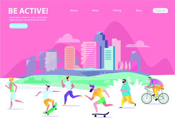 Vectorurban landscape in a minimalist style. Man and woman characters running, riding bicycle, skateboarding, roller skates, fitness. The city. Vector illustration