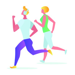 Man and woman characters running, riding bicycle, skateboarding, roller skates, fitness. Active people in the park. Summer outdoor.  Flat vector concept illustration