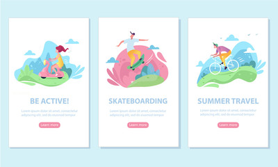 Set of concept of landing pages on healthy lifestyle them. Concept for mobile website, web page. Bicycle riding man and woman. Man riding on skateboard. Character run, training workout.