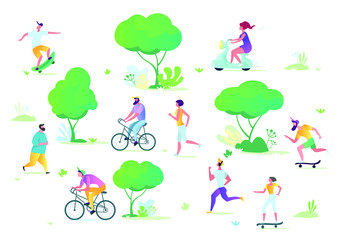 Man and woman characters running, riding bicycle, skateboarding, roller skates, fitness. Active people in the park. Summer outdoor.  Flat vector concept illustration
