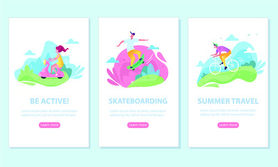 Set of concept of landing pages on healthy lifestyle them. Concept for mobile website, web page. Bicycle riding man and woman. Man riding on skateboard. Character run, training workout.