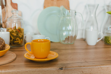 Modern kitchen at home with kitchenware