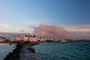 Cityscape of Naxos town at dusk, Naxos, Greece