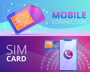 Sim phone card banner set. Cartoon illustration of sim phone card vector banner set for web design