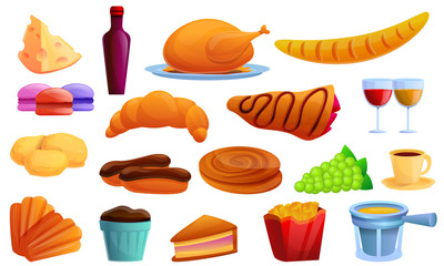 French food icons set. Cartoon set of french food vector icons for web design