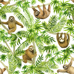 Sloth on palm. Seamless watercolor pattern. Tropical summer background © Sveta_Aho