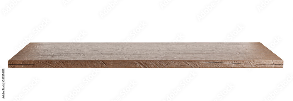 Poster Rustic, empty tabletop or shelf isolated on white background with clipping path included. Suitable for product display. 3D render image.