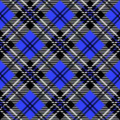 Seamless diagonal textile cyan black and white tartan plaid pattern vector