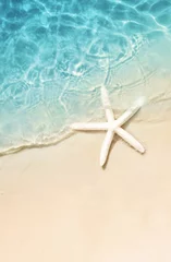 Fotobehang Wit Zeester op het zomerstrand. Zomer achtergrond. Tropisch zandstrand