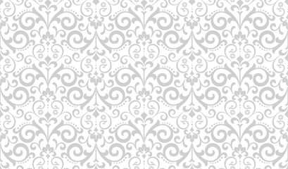 Wallpaper in the style of Baroque. Seamless vector background. White and grey floral ornament. Graphic pattern for fabric, wallpaper, packaging. Ornate Damask flower ornament.