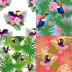 Tropical toucan pattern set. Cartoon illustration of tropical toucan vector pattern set for web design