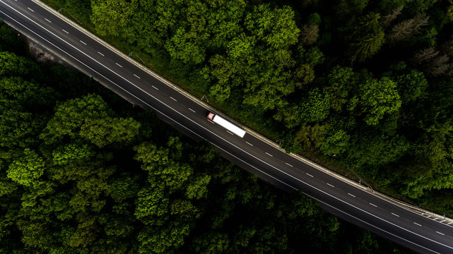 The road artery leads through the forest