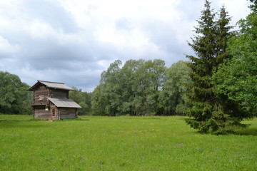 Beautiful view of the old wooden house standing on a green meadow against the sky with clouds.