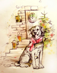illustration of a dog near a Christmas tree