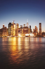 Manhattan seen from the Brooklyn at dusk, color toned picture, New York City, USA.