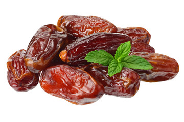 date fruits with green leaves isolated on white background.