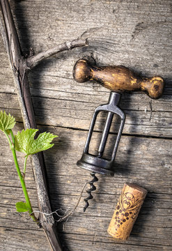 Vintage corkscrew with cork and grape vine on old rustic wooden table. Natural sunlight