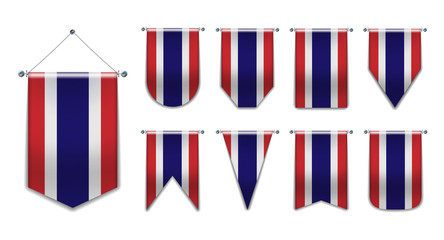 Set of hanging flags of the THAILAND with textile texture. Diversity shapes of the national flag country. Vertical Template Pennant for background, travel banner, logo,award, achievement, festival