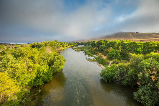 Treelined river in Paso Robles, California, USA